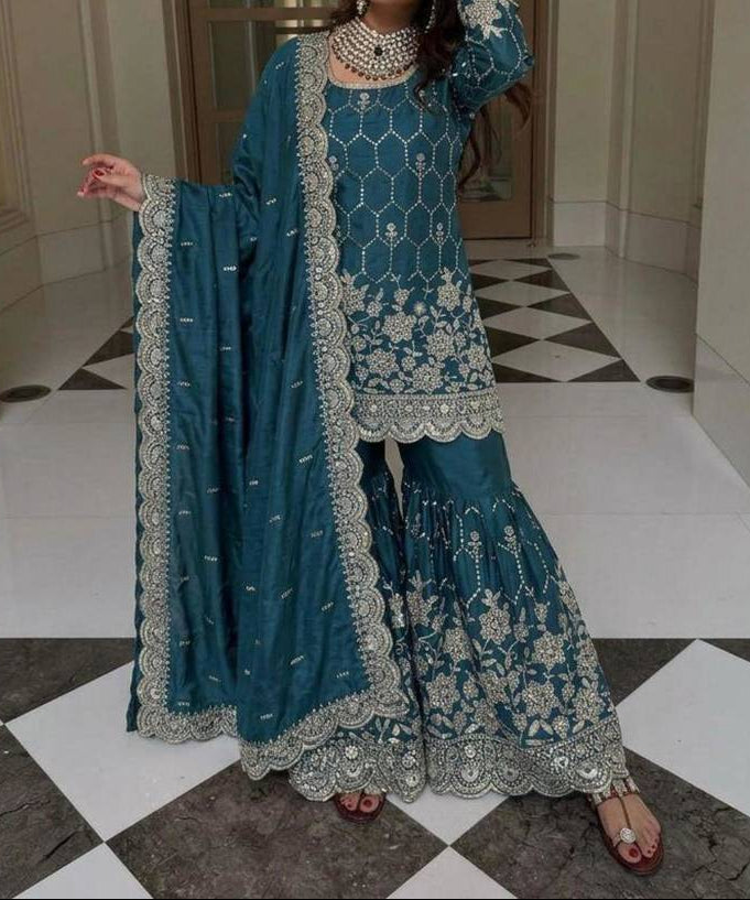 Wedding Waer  Heavy Embroidery Sequence Work with Real Mirror Hand Work Sharara Set