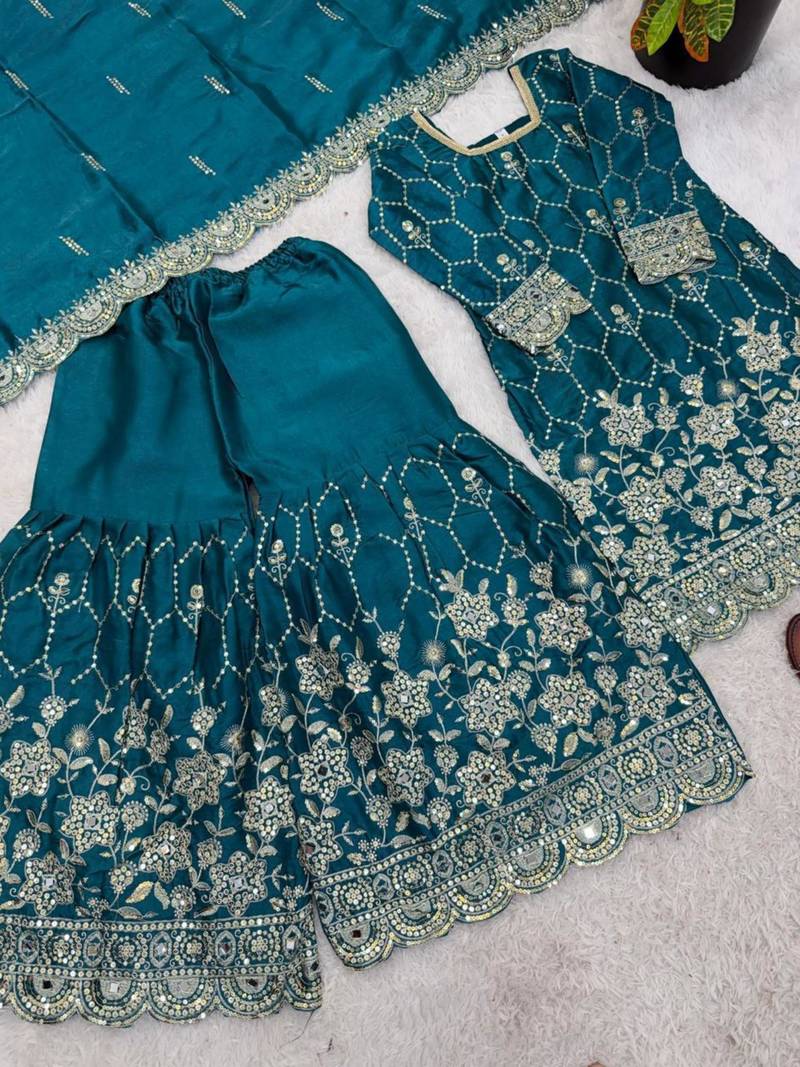 Wedding Waer  Heavy Embroidery Sequence Work with Real Mirror Hand Work Sharara Set