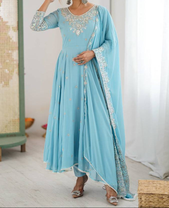 Elegant Heavy Embroidery & Sequence Work Three-Piece Anarkali Suit Set