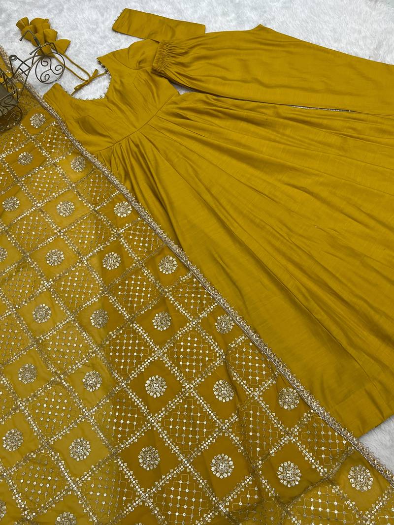 Roman Silk Chanderi Lace Work Anarkali Suit with jari work dupatta