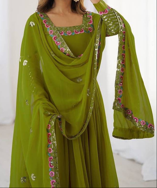 Heavy Georgette Wedding Wear Embroidery Work Long Anarkali Set