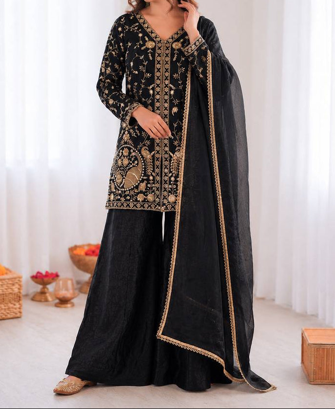 New Party Wear Look Pure Heavy Fendy Silk Top Sharara & Dupatta Set