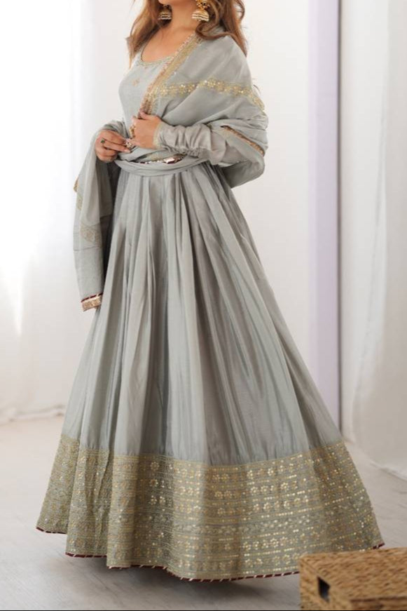Chinon & Thread With Sequence  Lace Border Heavy Anarkali Suit Set