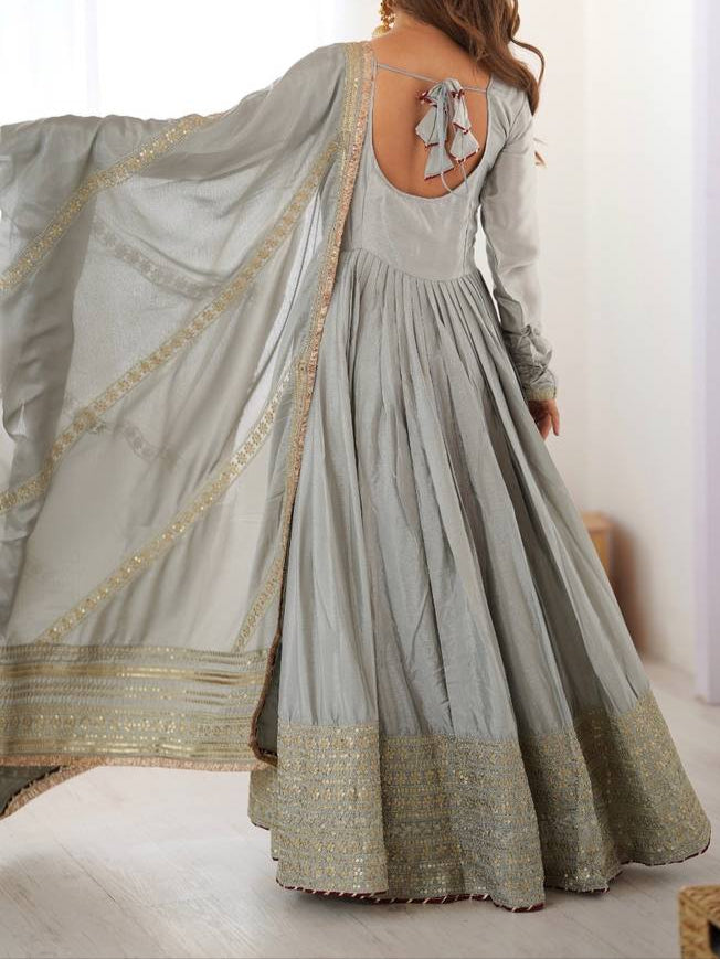 Chinon & Thread With Sequence  Lace Border Heavy Anarkali Suit Set