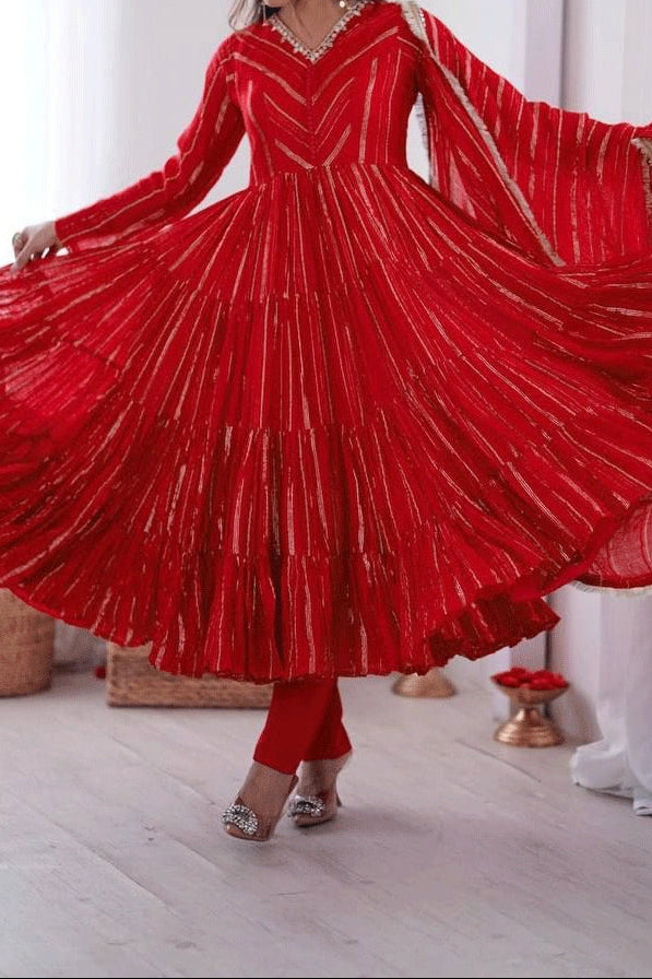 Real Mirror With Handwork Mal Chanderi Anarkali Set
