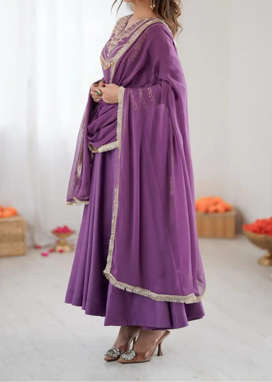 Designer Party Wear Roman Silk Anarkali Suit Set