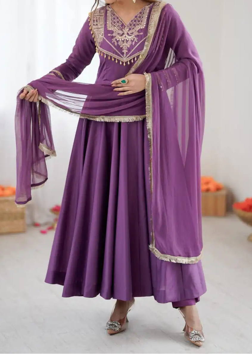 Designer Party Wear Roman Silk Anarkali Suit Set