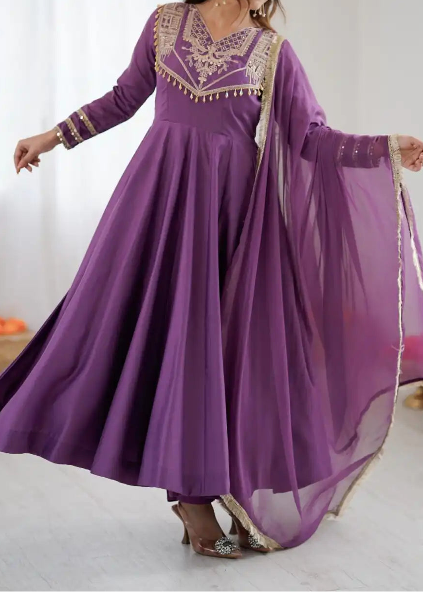 Designer Party Wear Roman Silk Anarkali Suit Set