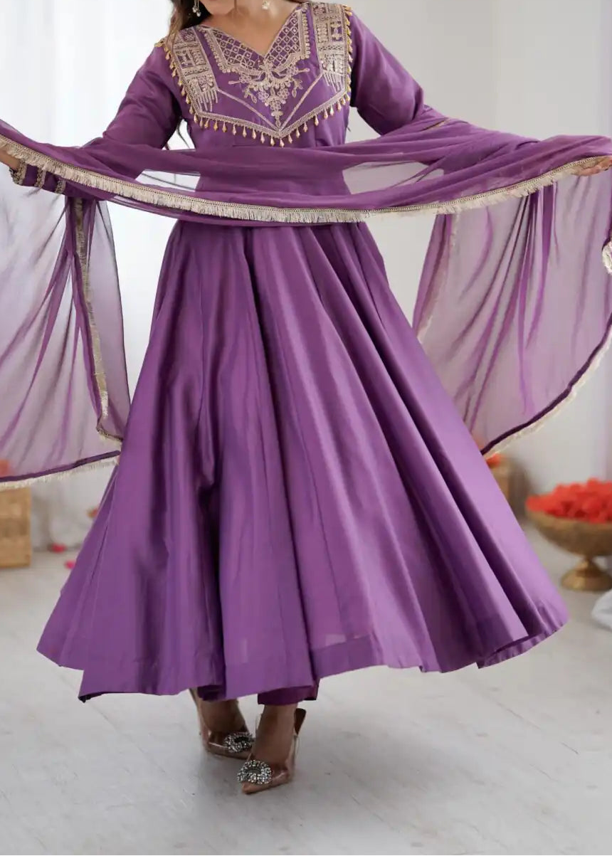Designer Party Wear Roman Silk Anarkali Suit Set
