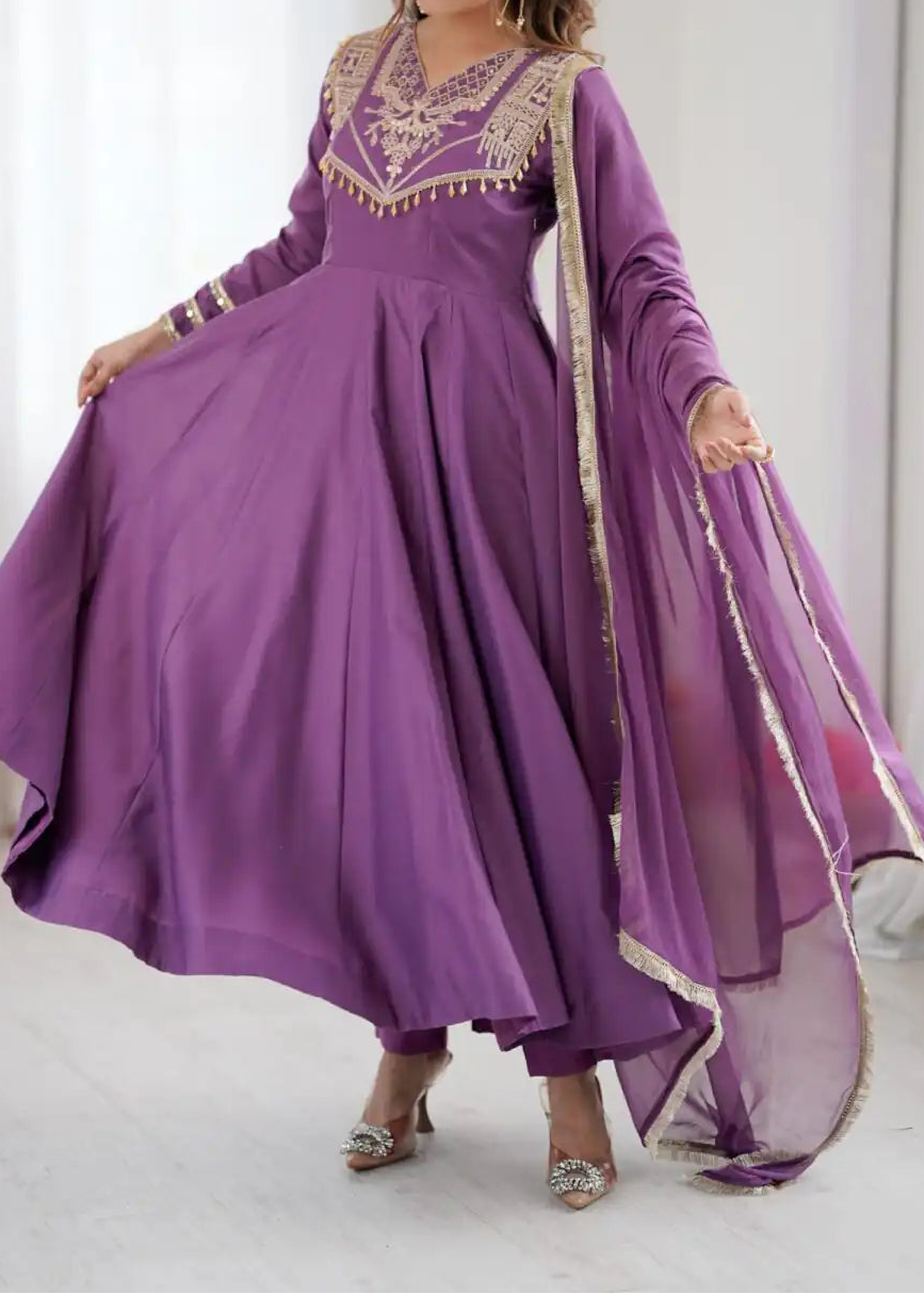 Designer Party Wear Roman Silk Anarkali Suit Set