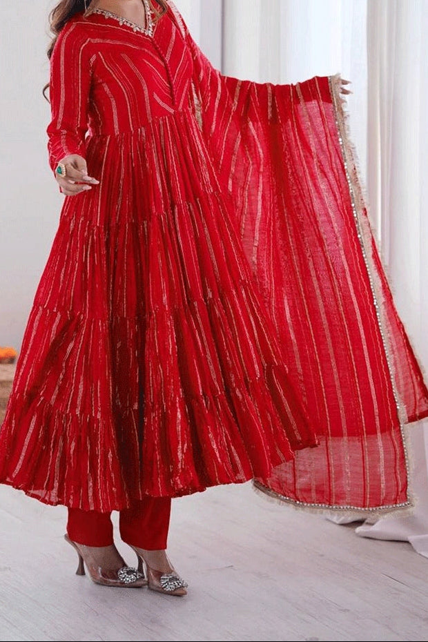 Real Mirror With Handwork Mal Chanderi Anarkali Set