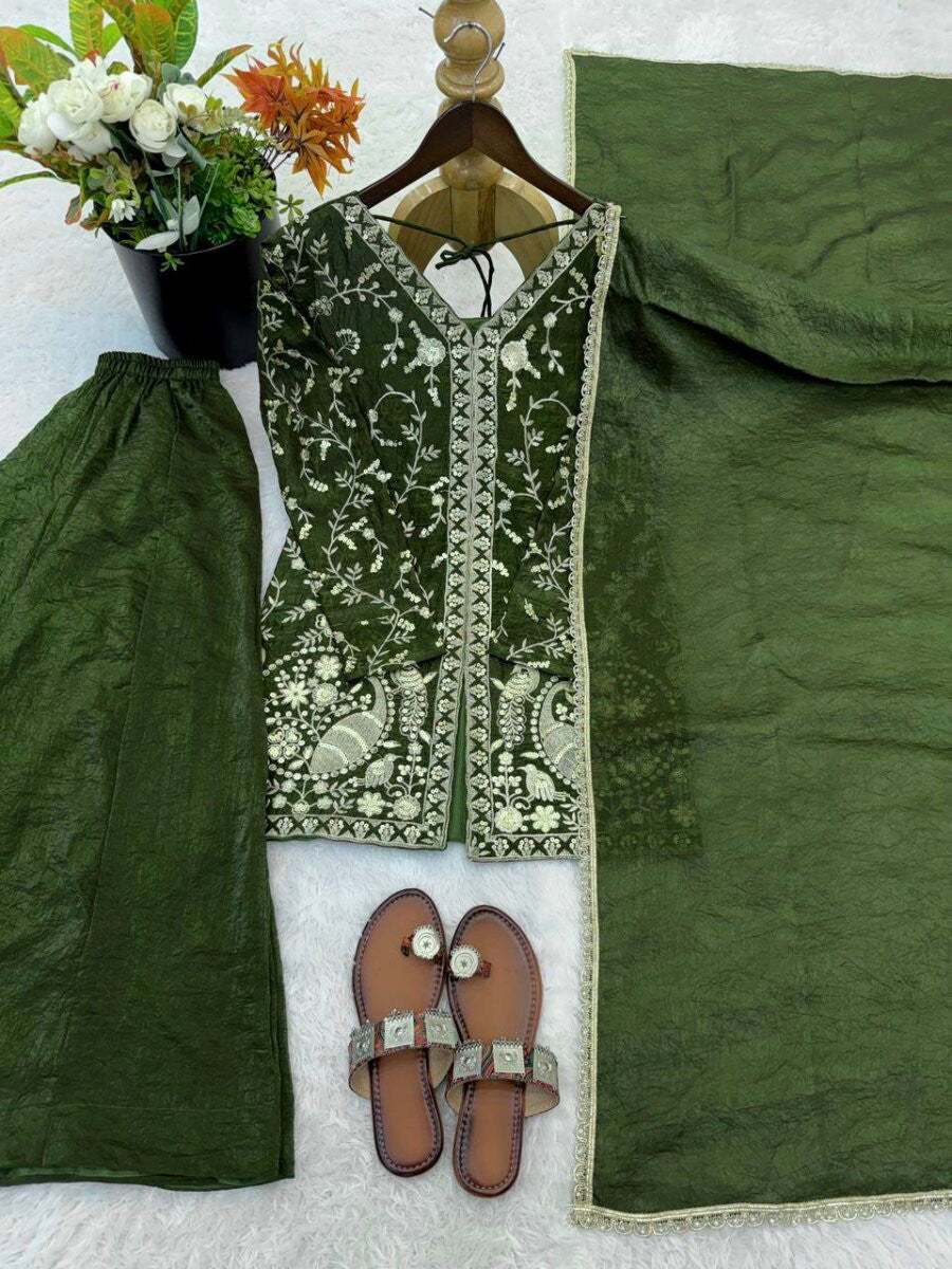 New Party Wear Look Pure Heavy Fendy Silk Top Sharara & Dupatta Set