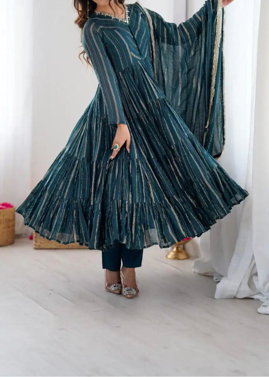 Real Mirror With Handwork Mal Chanderi Anarkali Set