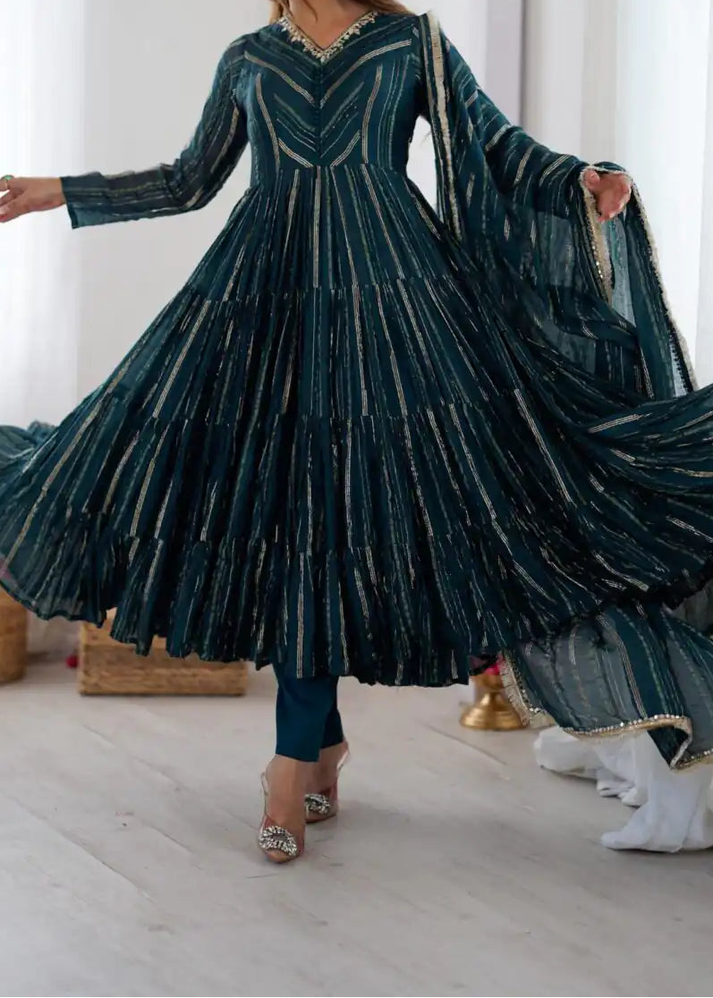 Real Mirror With Handwork Mal Chanderi Anarkali Set