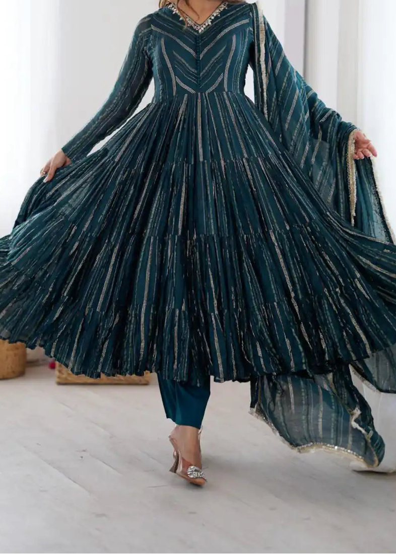 Real Mirror With Handwork Mal Chanderi Anarkali Set