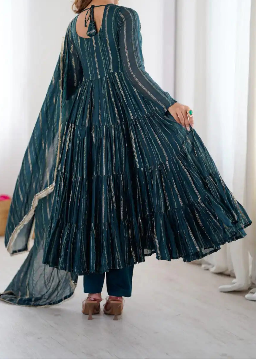 Real Mirror With Handwork Mal Chanderi Anarkali Set