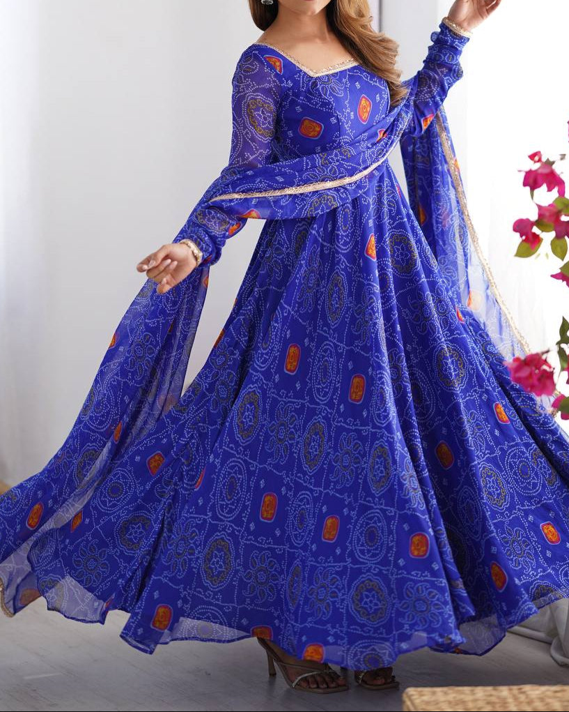 Pure Soft Lightweight Chiffon Bandhej Fully Flair Anarkali Set