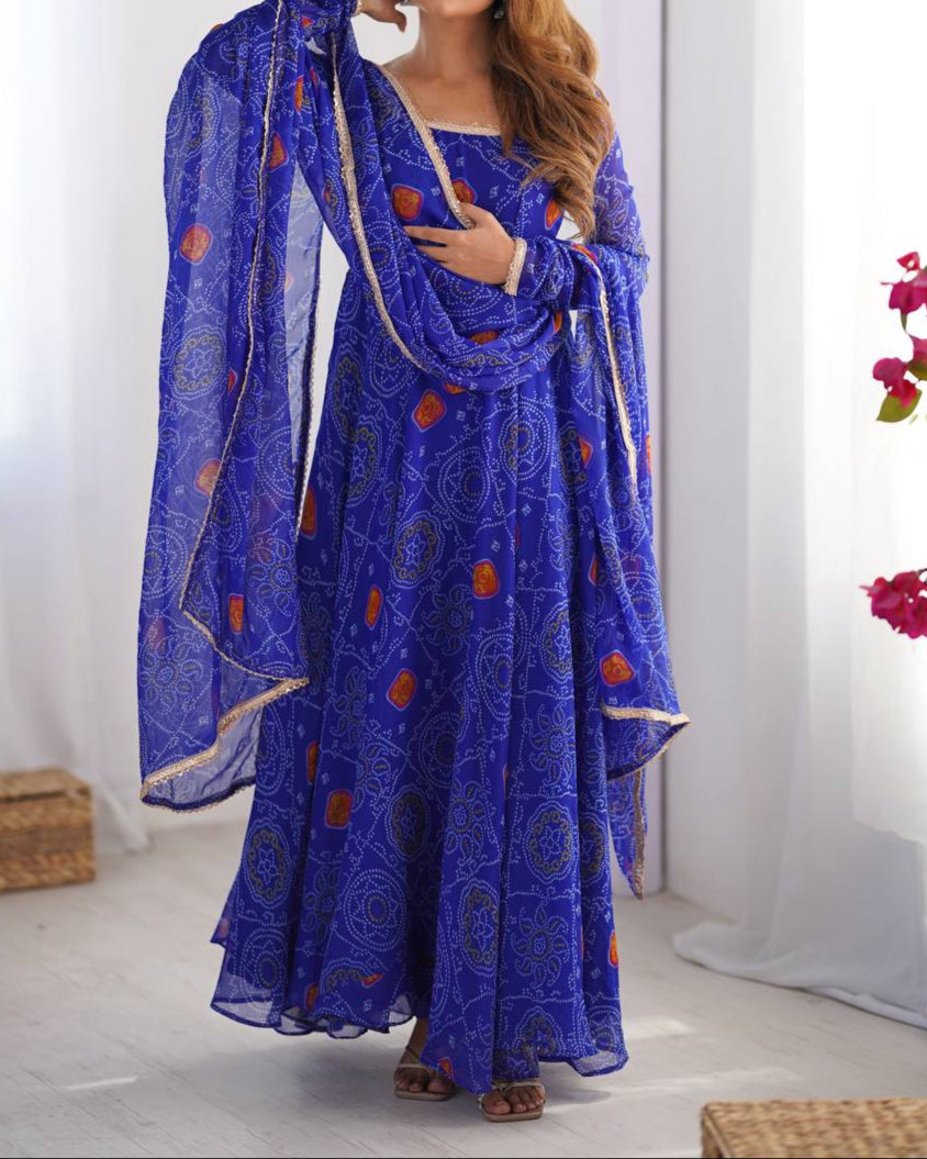 Pure Soft Lightweight Chiffon Bandhej Fully Flair Anarkali Set