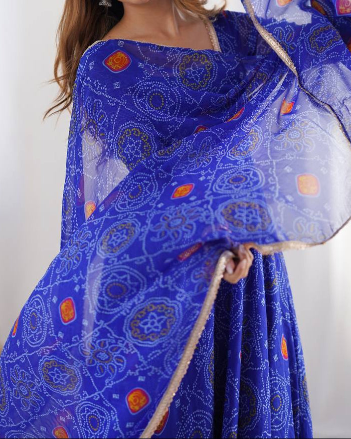 Pure Soft Lightweight Chiffon Bandhej Fully Flair Anarkali Set