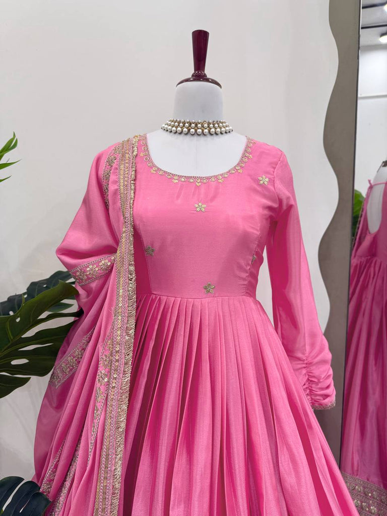 Chinon & Thread With Sequence  Lace Border Heavy Anarkali Suit Set