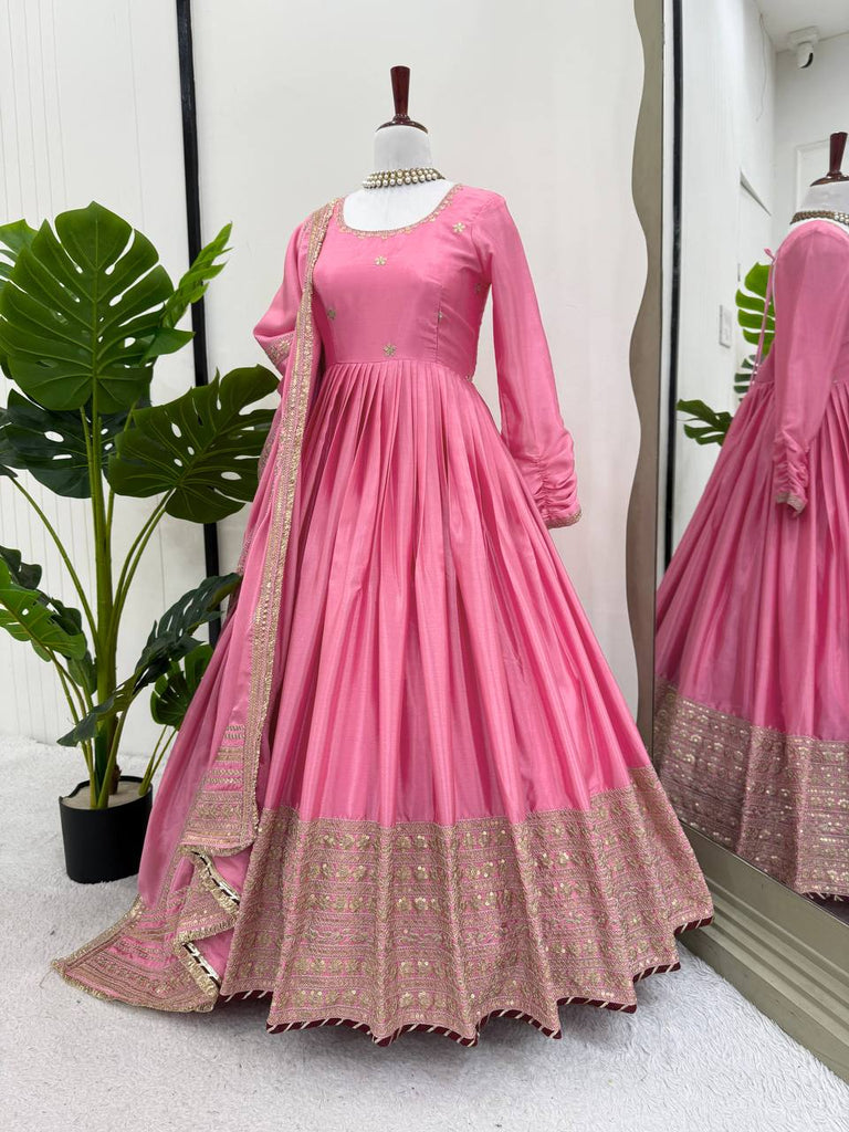 Chinon & Thread With Sequence  Lace Border Heavy Anarkali Suit Set