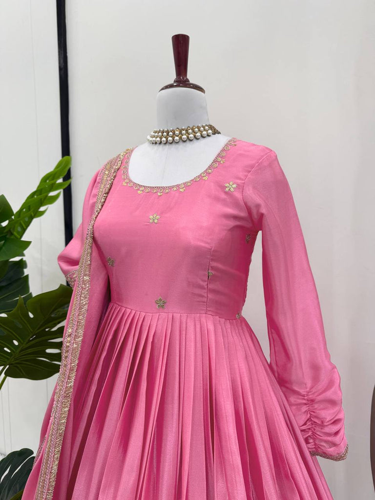 Chinon & Thread With Sequence  Lace Border Heavy Anarkali Suit Set