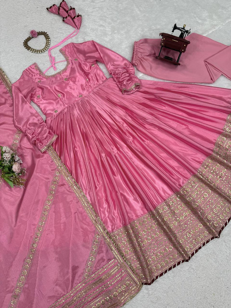 Chinon & Thread With Sequence  Lace Border Heavy Anarkali Suit Set