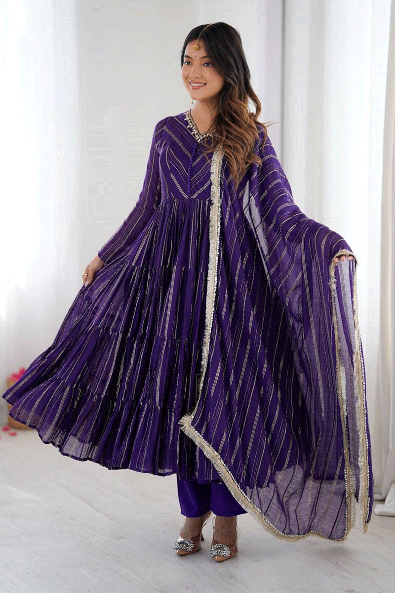 Real Mirror With Handwork Mal Chanderi Anarkali Set