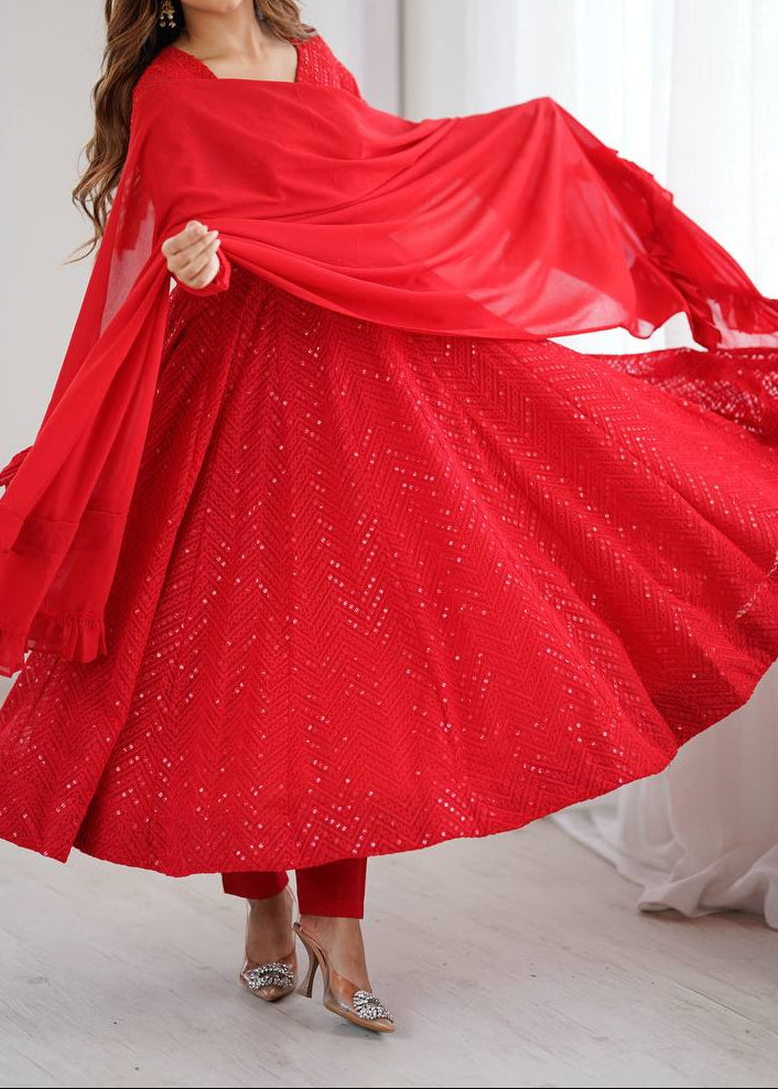 Festive Special Party Wear Red Luchnowi Sequence Work Anarkali Suit Set