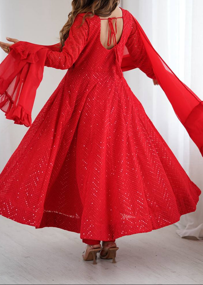 Festive Special Party Wear Red Luchnowi Sequence Work Anarkali Suit Set