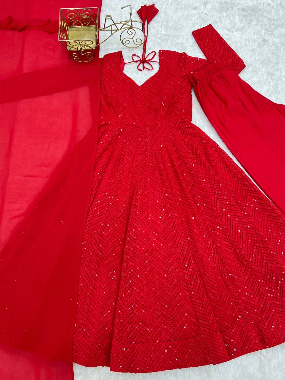 Festive Special Party Wear Red Luchnowi Sequence Work Anarkali Suit Set