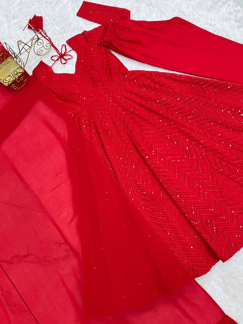 Festive Special Party Wear Red Luchnowi Sequence Work Anarkali Suit Set