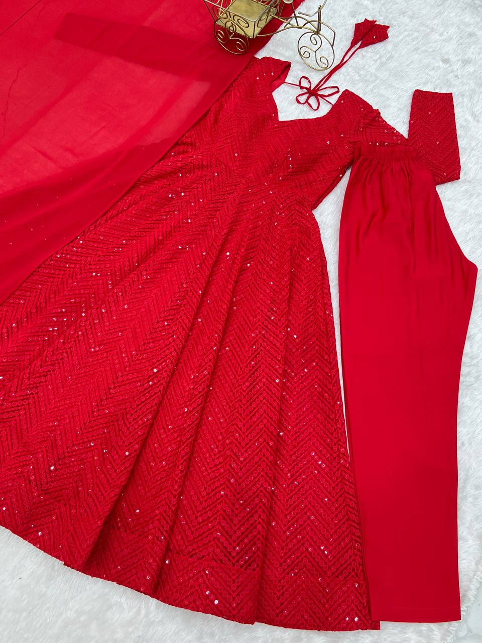 Festive Special Party Wear Red Luchnowi Sequence Work Anarkali Suit Set