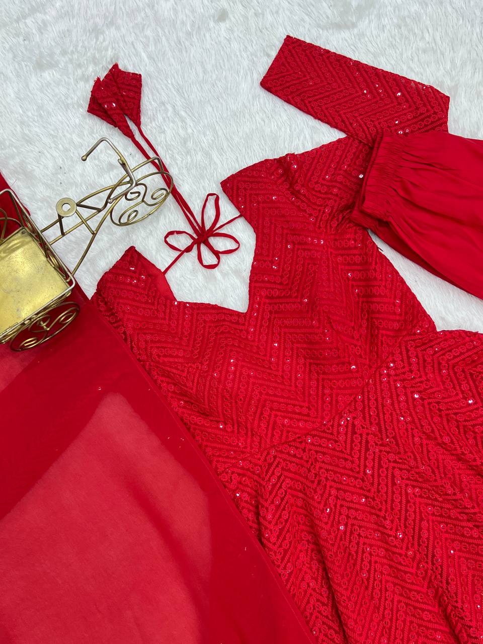 Festive Special Party Wear Red Luchnowi Sequence Work Anarkali Suit Set