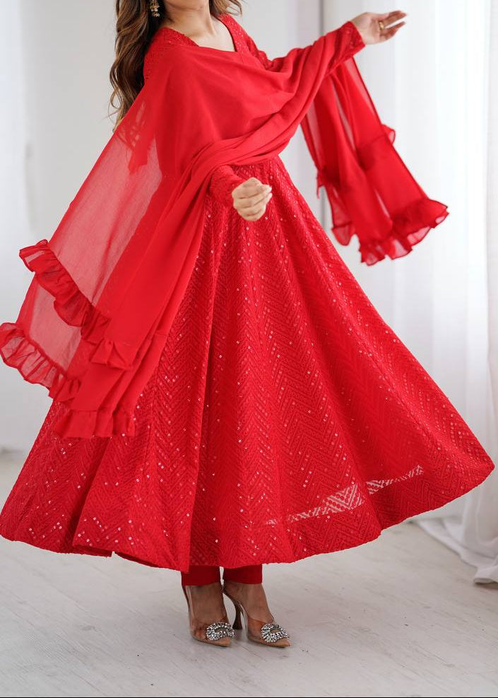 Festive Special Party Wear Red Luchnowi Sequence Work Anarkali Suit Set