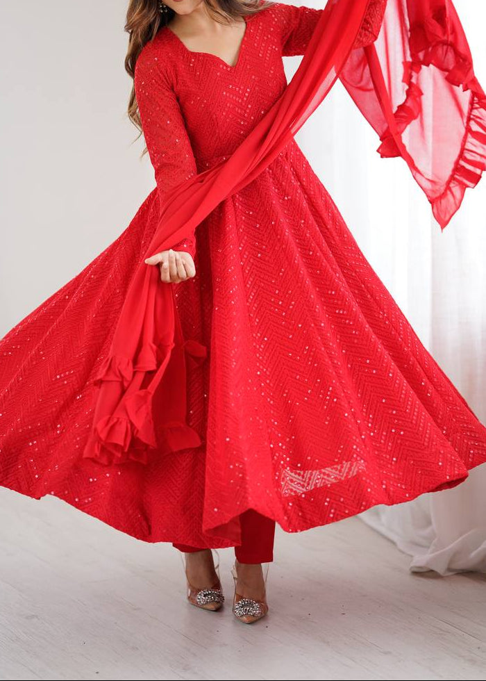 Festive Special Party Wear Red Luchnowi Sequence Work Anarkali Suit Set