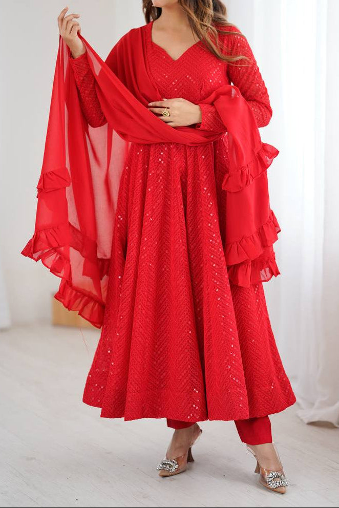 Festive Special Party Wear Red Luchnowi Sequence Work Anarkali Suit Set