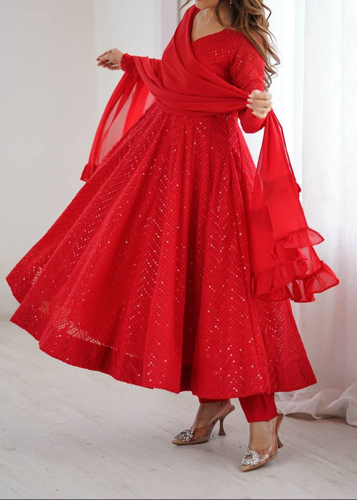 Festive Special Party Wear Red Luchnowi Sequence Work Anarkali Suit Set