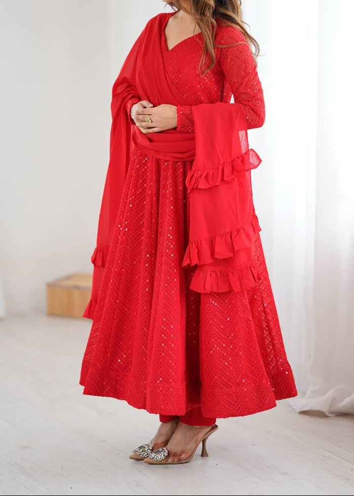 Festive Special Party Wear Red Luchnowi Sequence Work Anarkali Suit Set