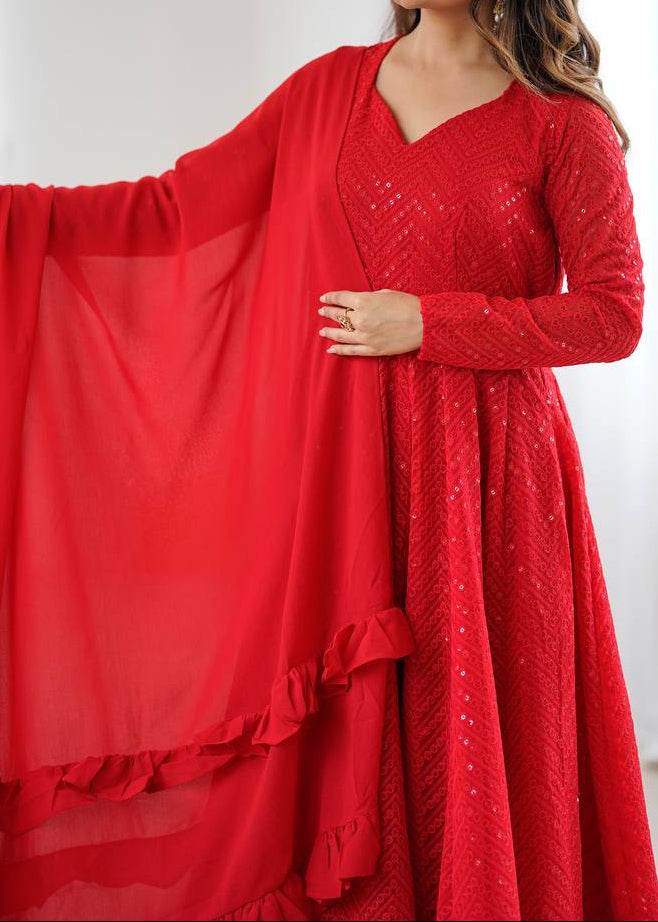 Festive Special Party Wear Red Luchnowi Sequence Work Anarkali Suit Set
