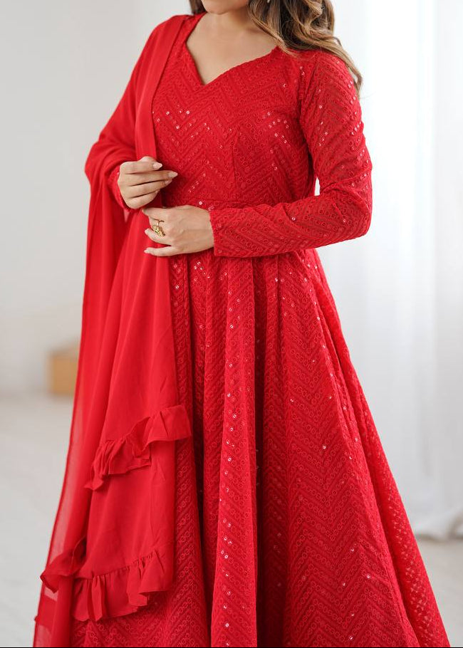 Festive Special Party Wear Red Luchnowi Sequence Work Anarkali Suit Set