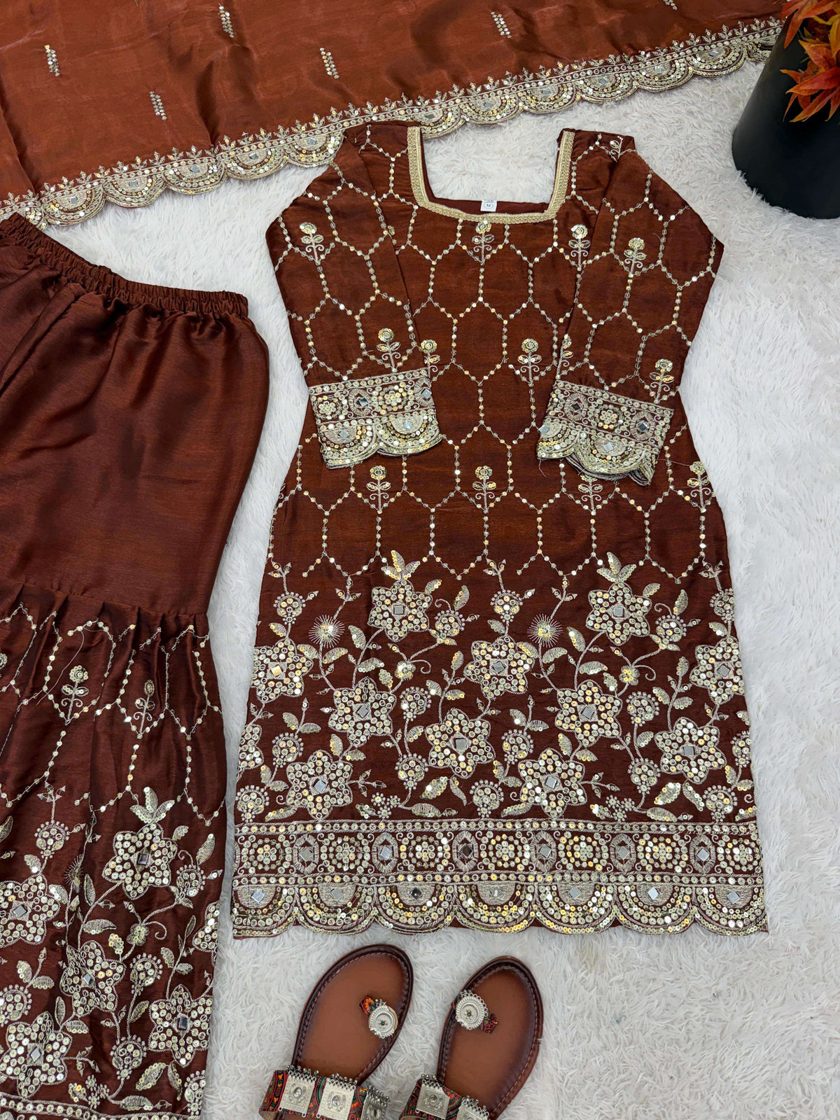 Wedding Waer  Heavy Embroidery Sequence Work with Real Mirror Hand Work Sharara Set