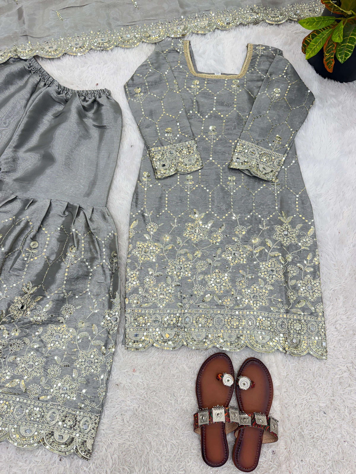 Wedding Waer  Heavy Embroidery Sequence Work with Real Mirror Hand Work Sharara Set