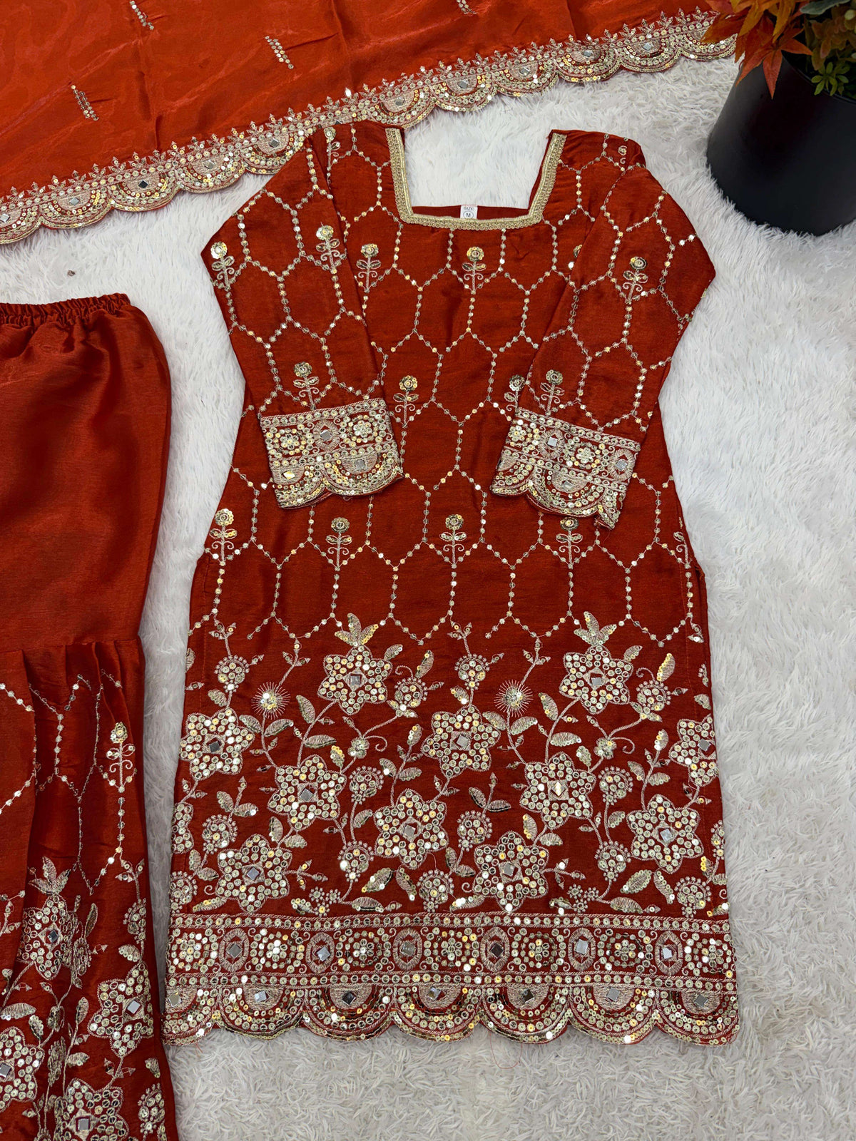 Wedding Waer  Heavy Embroidery Sequence Work with Real Mirror Hand Work Sharara Set