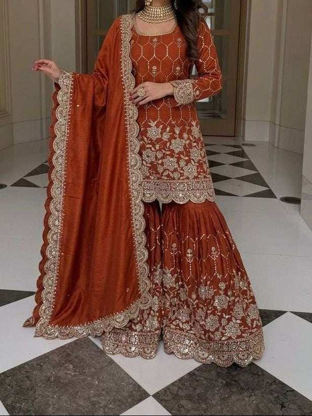 Wedding Waer  Heavy Embroidery Sequence Work with Real Mirror Hand Work Sharara Set