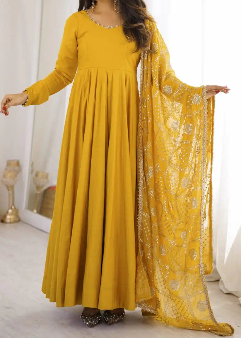 Roman Silk Chanderi Lace Work Anarkali Suit with jari work dupatta