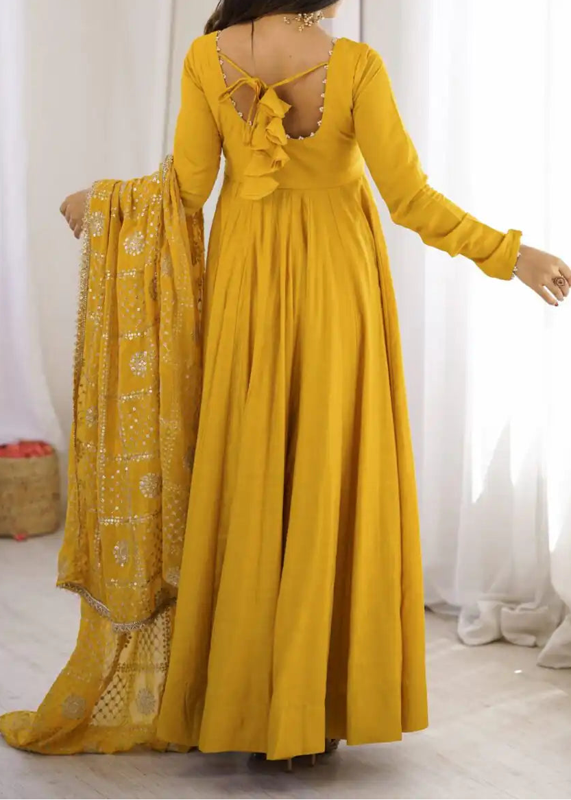 Roman Silk Chanderi Lace Work Anarkali Suit with jari work dupatta