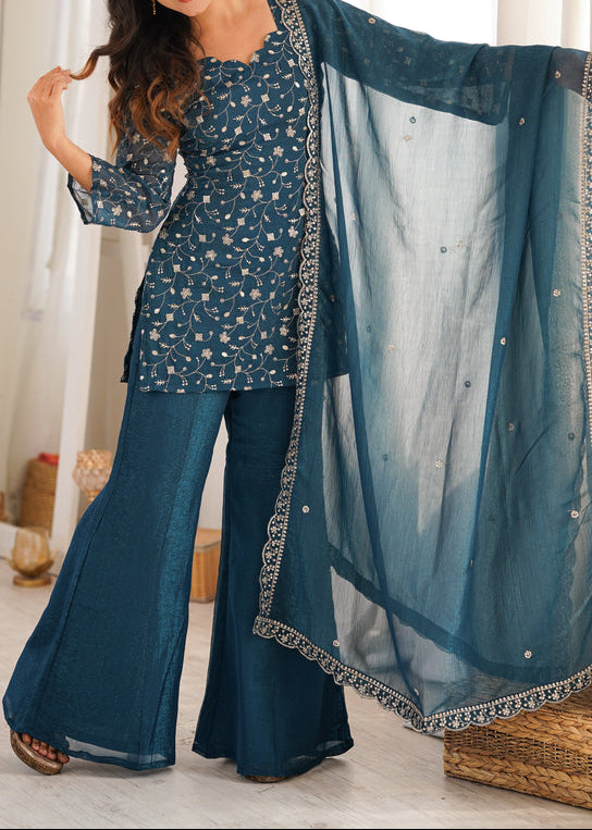 Sequence & Jari Work Top With Corset Back With Bell Bottom Pant Set