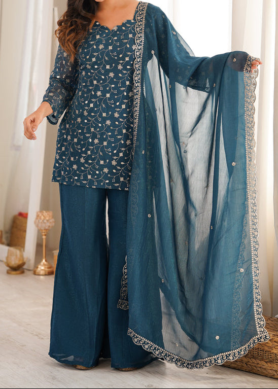 Sequence & Jari Work Top With Corset Back With Bell Bottom Pant Set
