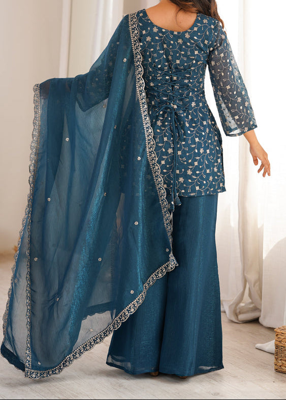 Sequence & Jari Work Top With Corset Back With Bell Bottom Pant Set